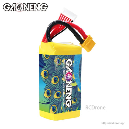 Rear/side view of GAONENG LiPo battery showing GAONENG logo pattern and attached XT60 lead