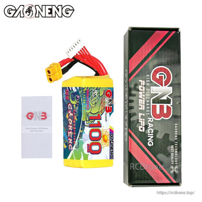 Package contents: GNB 1100mAh battery, GNB packing box, and user instructions card