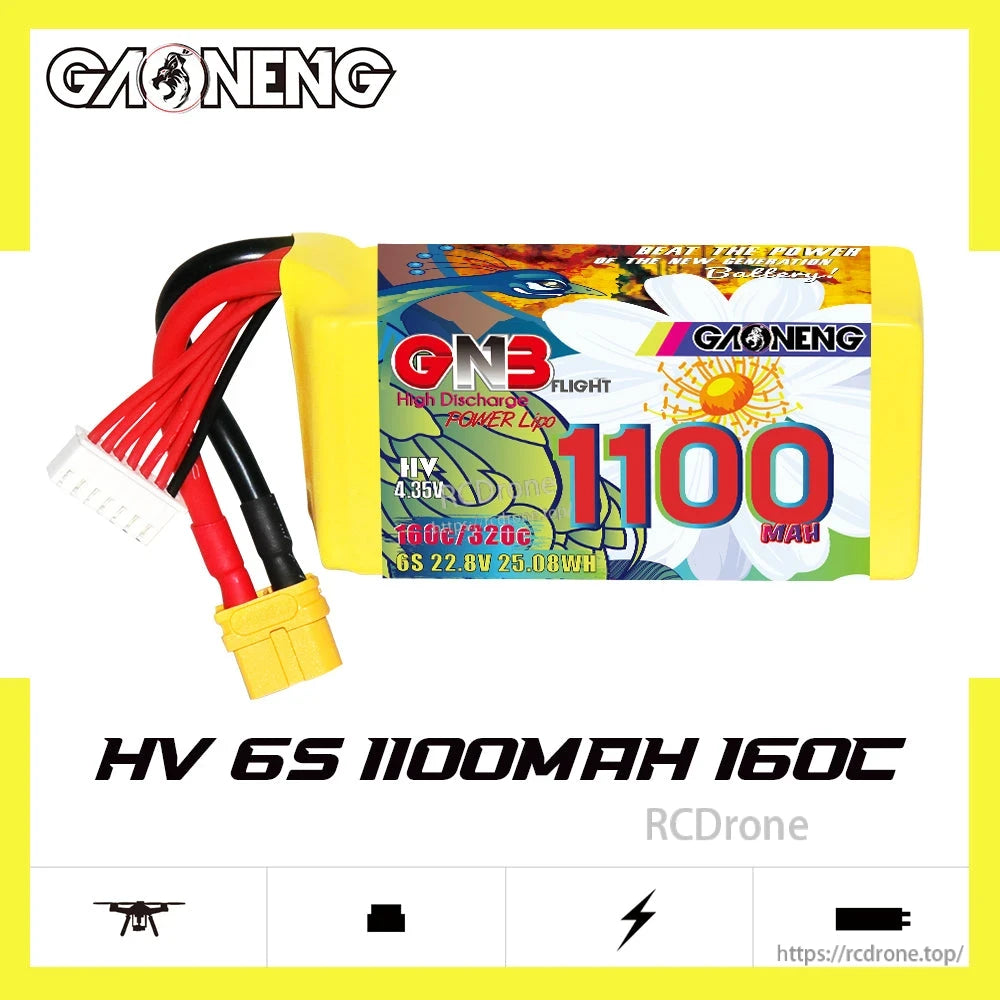 GAONENG GNB11006S160AHV 6S 1100mAh 160C LiHV battery product graphic, side label and leads