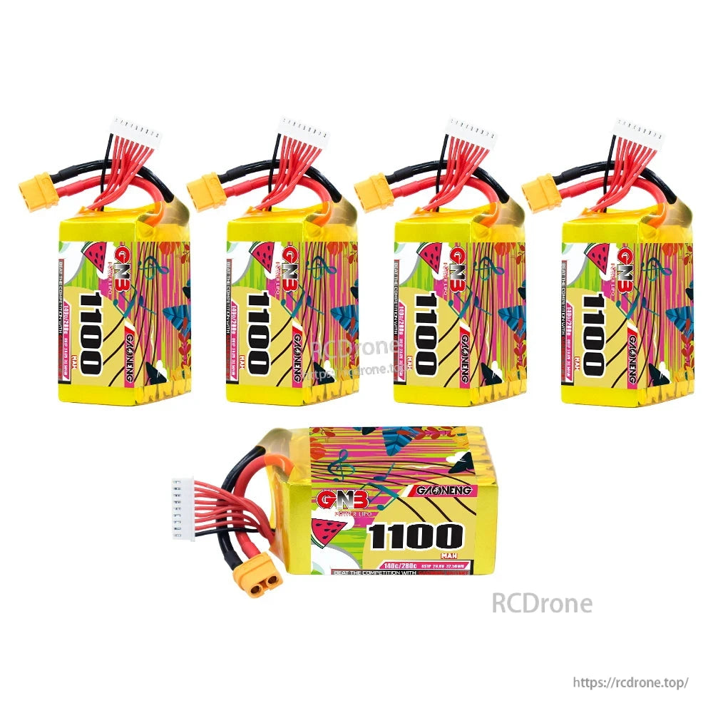 Bundle display with four upright batteries plus one horizontal battery showing label and XT60 plug