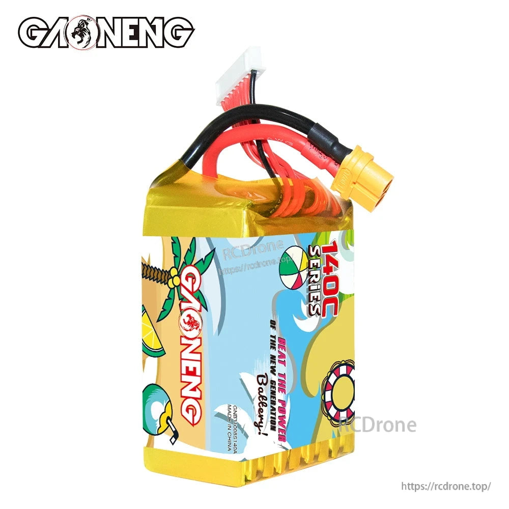 Side view of GAONENG GNB 1100mAh pack showing wiring exit, XT60 lead, and balance plug