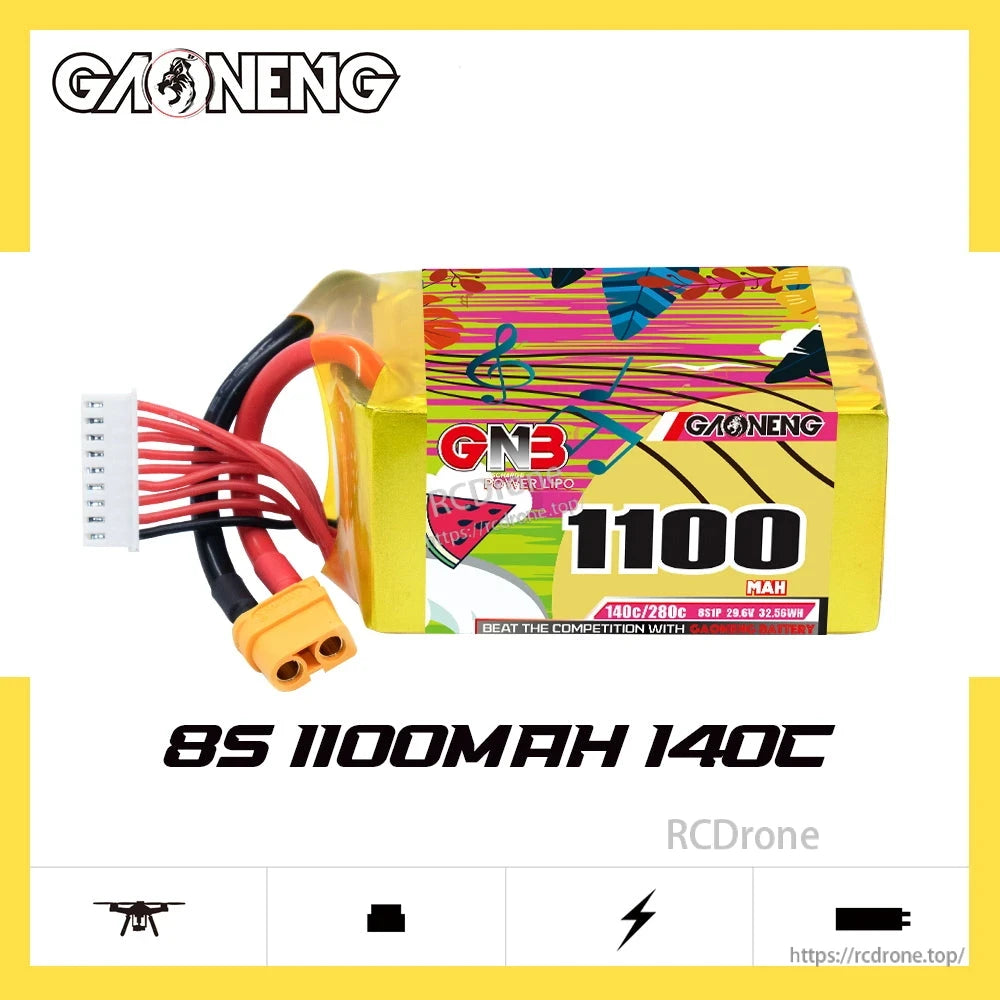 GNB 8S 1100mAh 140C battery product graphic with GAONENG logo and front label shown