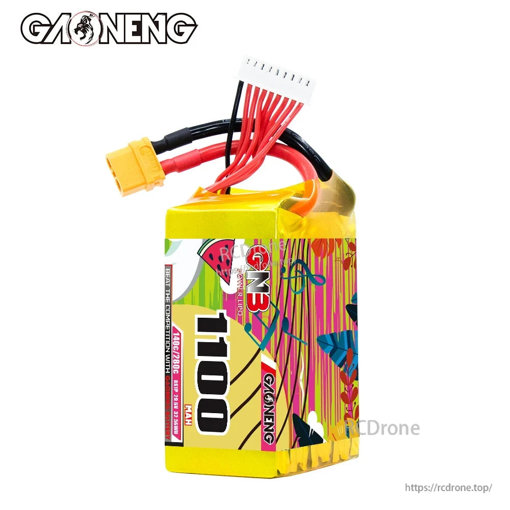 Front label view of 1100mAh pack with multicolor wrap, XT60 connector and balance lead on top