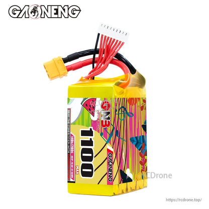 Front label view of 1100mAh pack with multicolor wrap, XT60 connector and balance lead on top