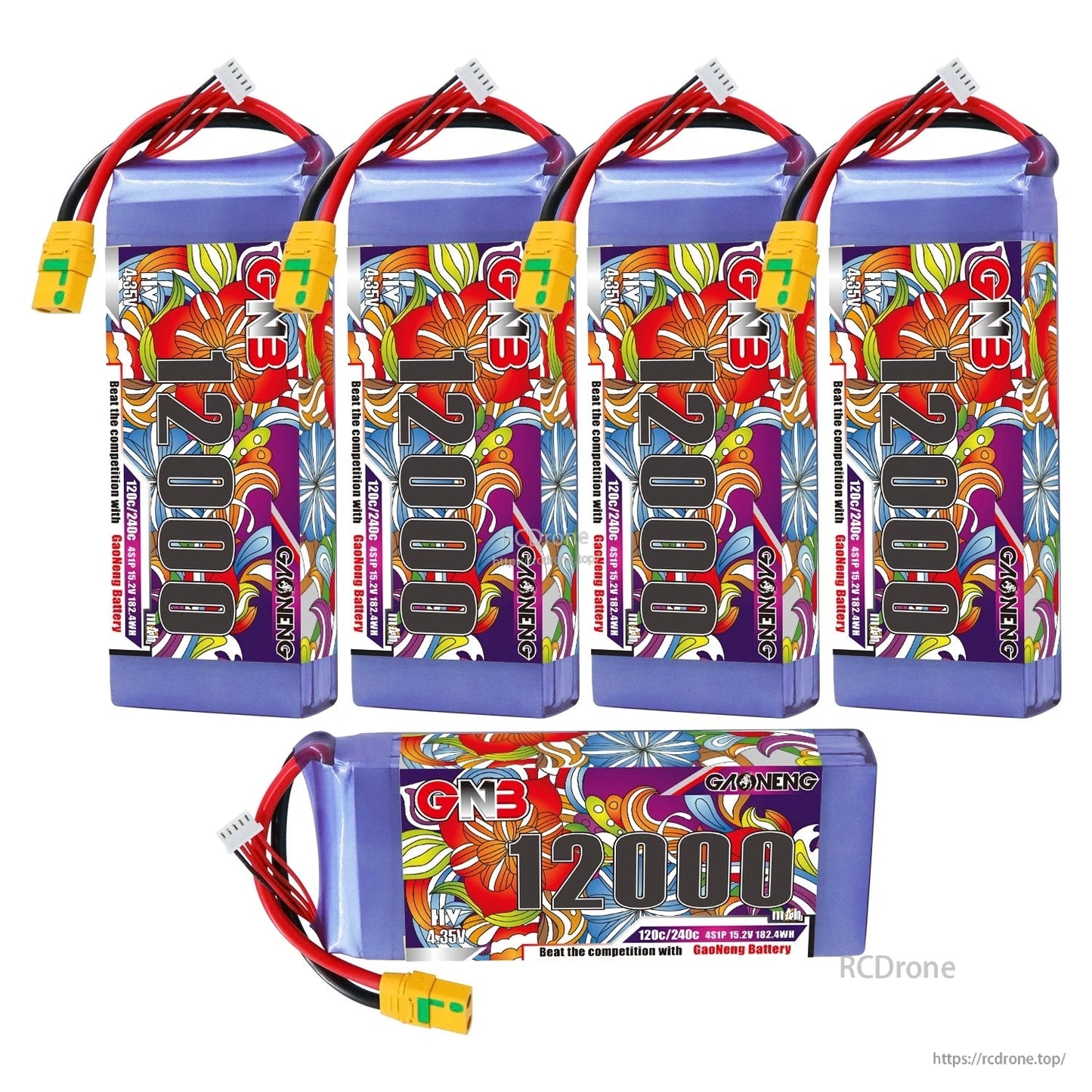 Five-pack layout: four upright GNB 12000 batteries plus one horizontal pack showing label and leads