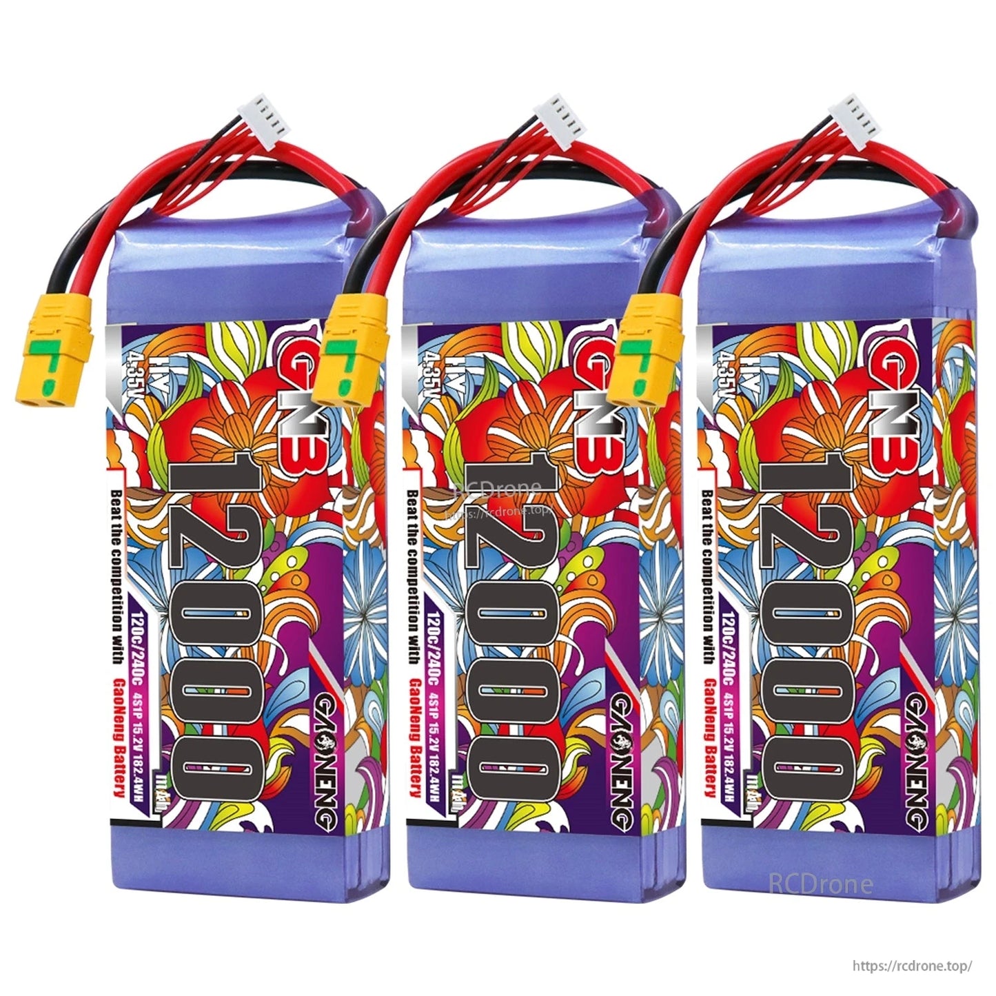 Three GNB 12000 HV LiPo battery packs shown upright with XT90S-F connectors