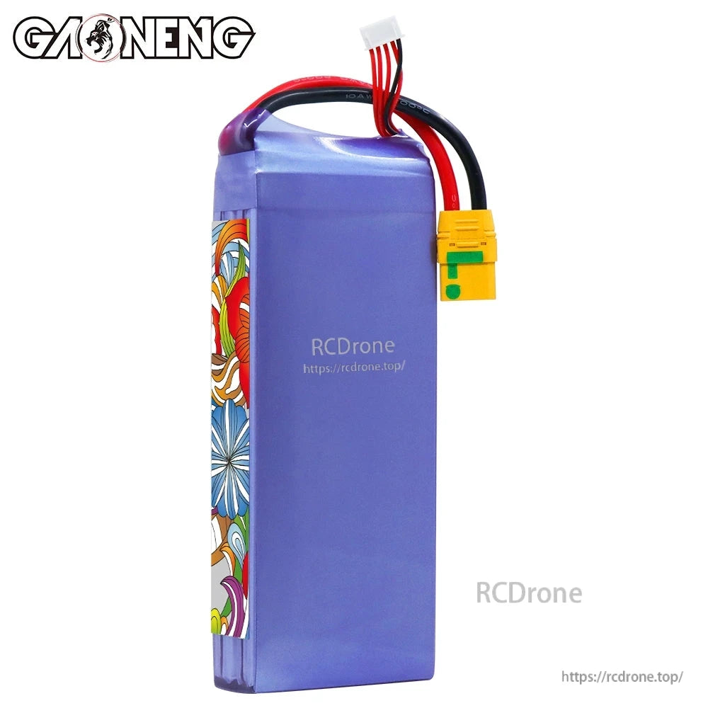 Plain side view of purple battery shrink wrap with balance lead and XT90S-F discharge connector