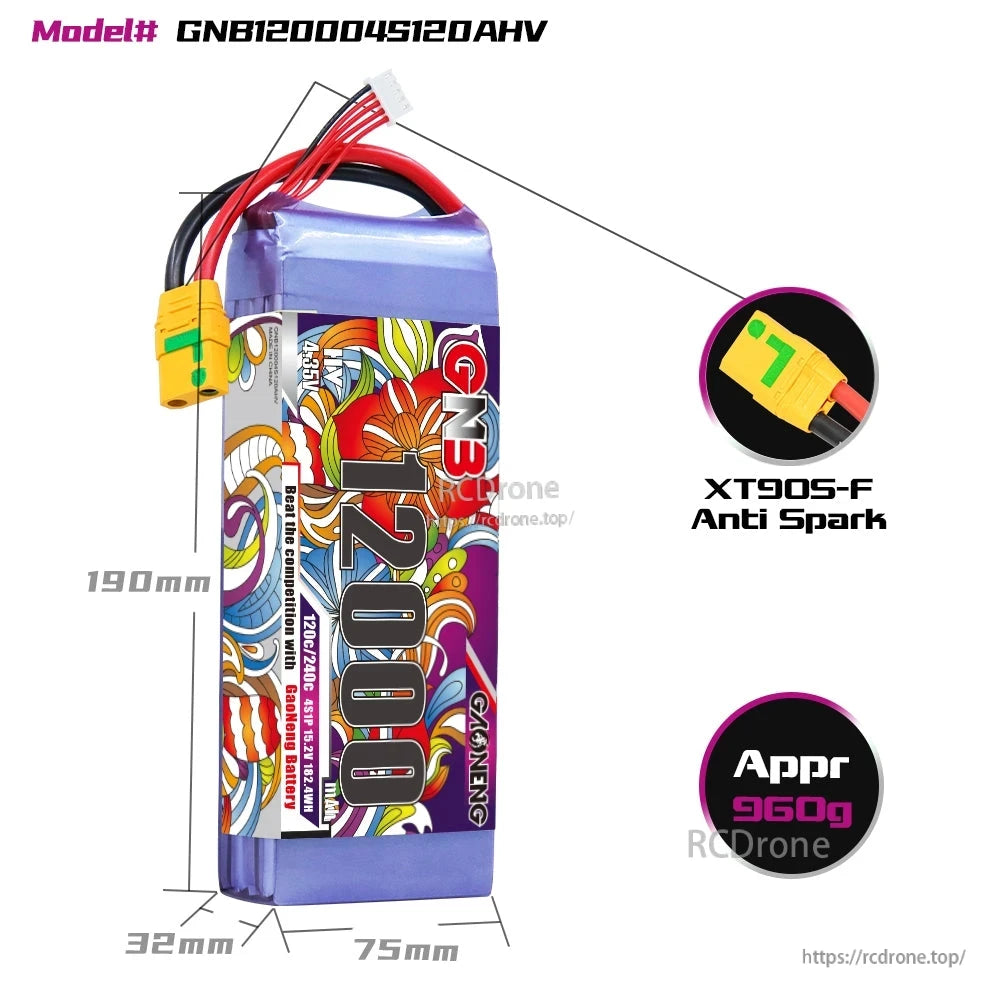 GNB120004S120AHV battery dimensions diagram with XT90S-F anti-spark plug and approx. 960g weight