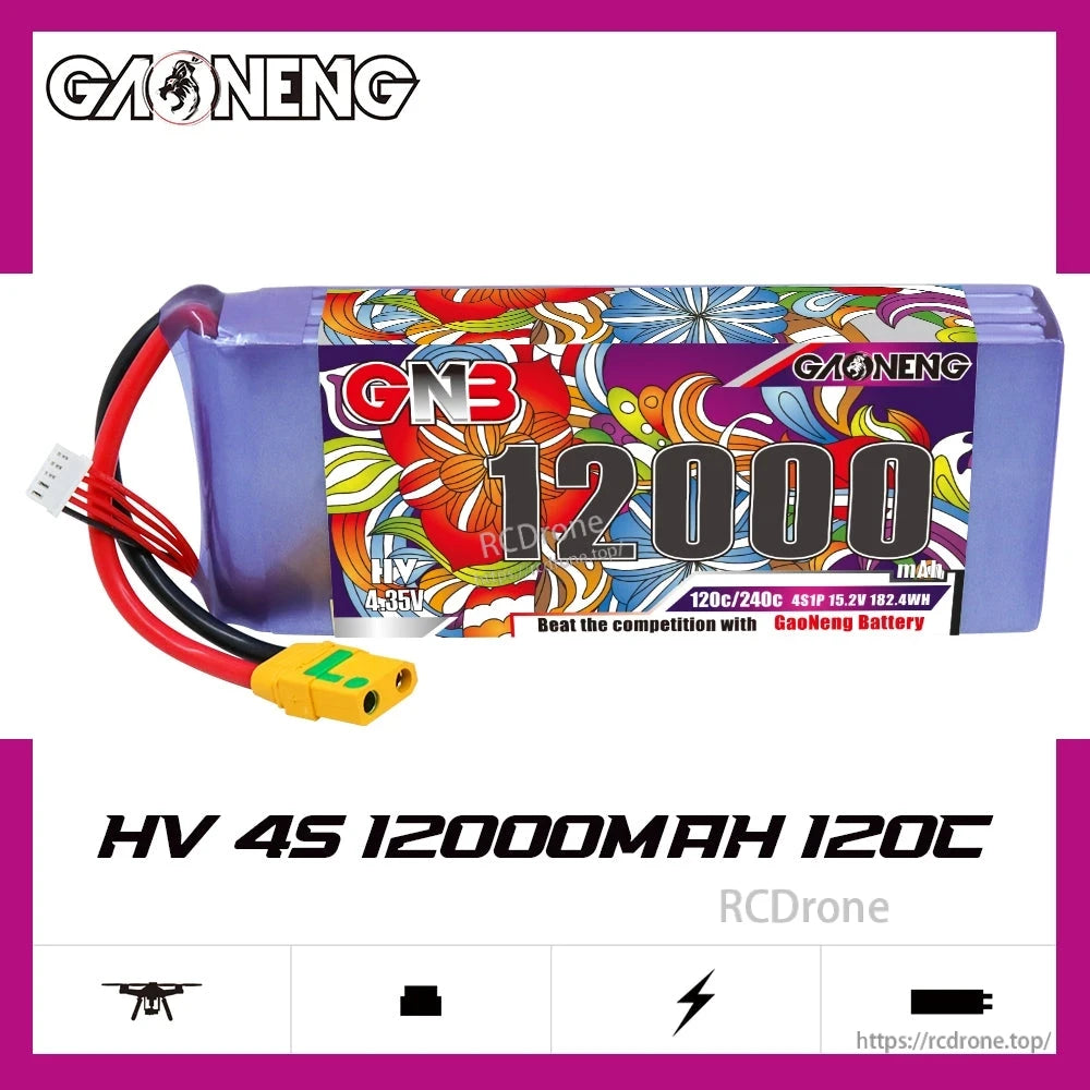 GNB HV 4S 12000mAh 120C LiPo battery side view with lead wires and XT90S-F connector