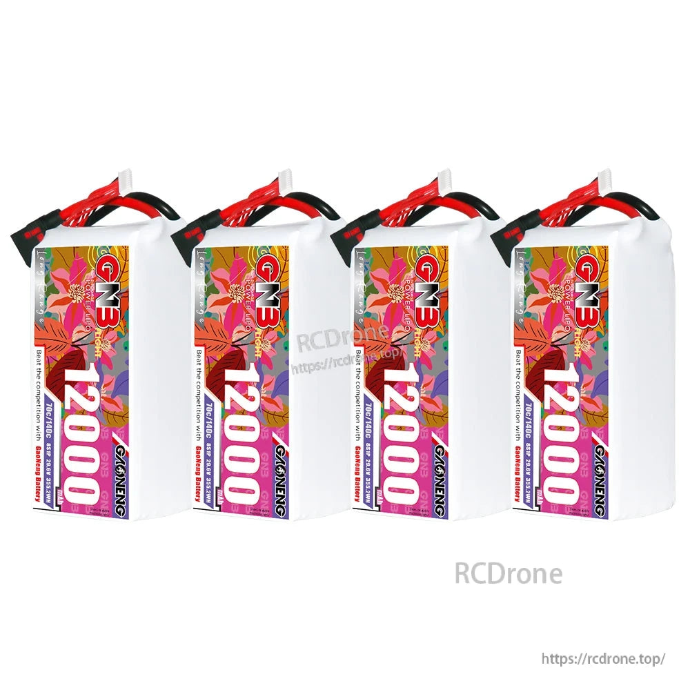 Four batteries lined up, label side view with QS8 leads