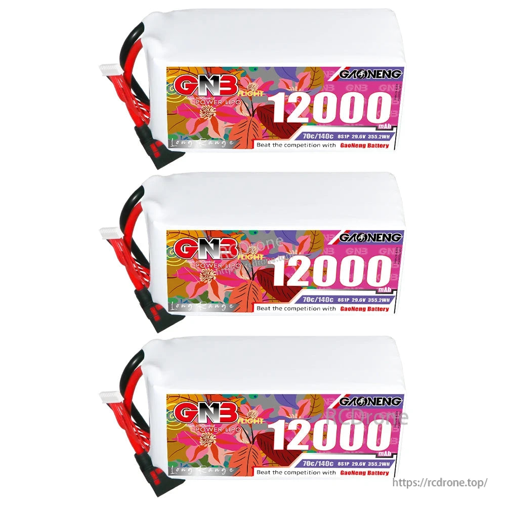 Three batteries stacked, showing label side and leads for GN3 12000mAh pack