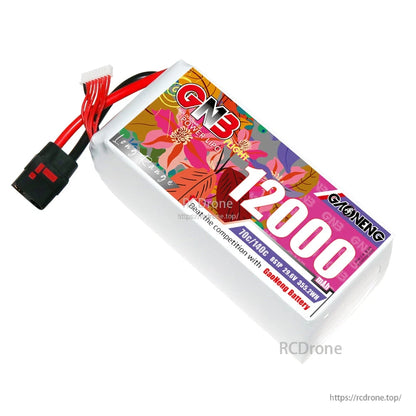 Angled view of GAONENG 8S1P 29.6V 12000mAh LiPo battery with QS8 discharge plug and balance lead