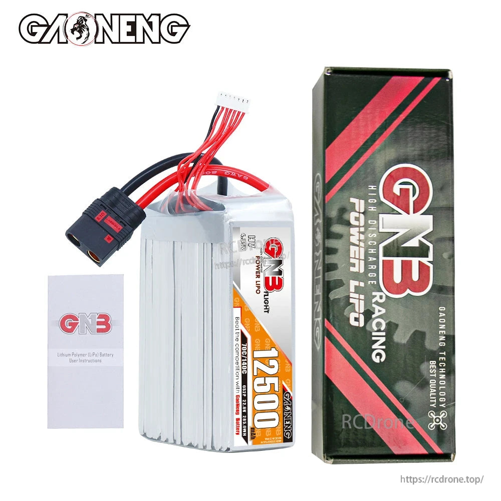 Package contents: GNB 12500mAh LiPo battery, retail box, and instruction leaflet