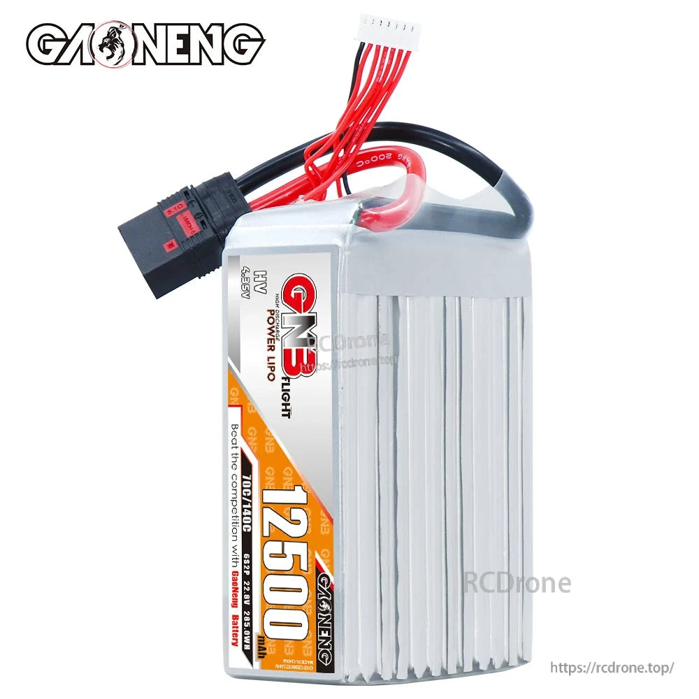 Side view of GNB 12500mAh HV LiPo battery showing thick silicone leads and QS8 plug