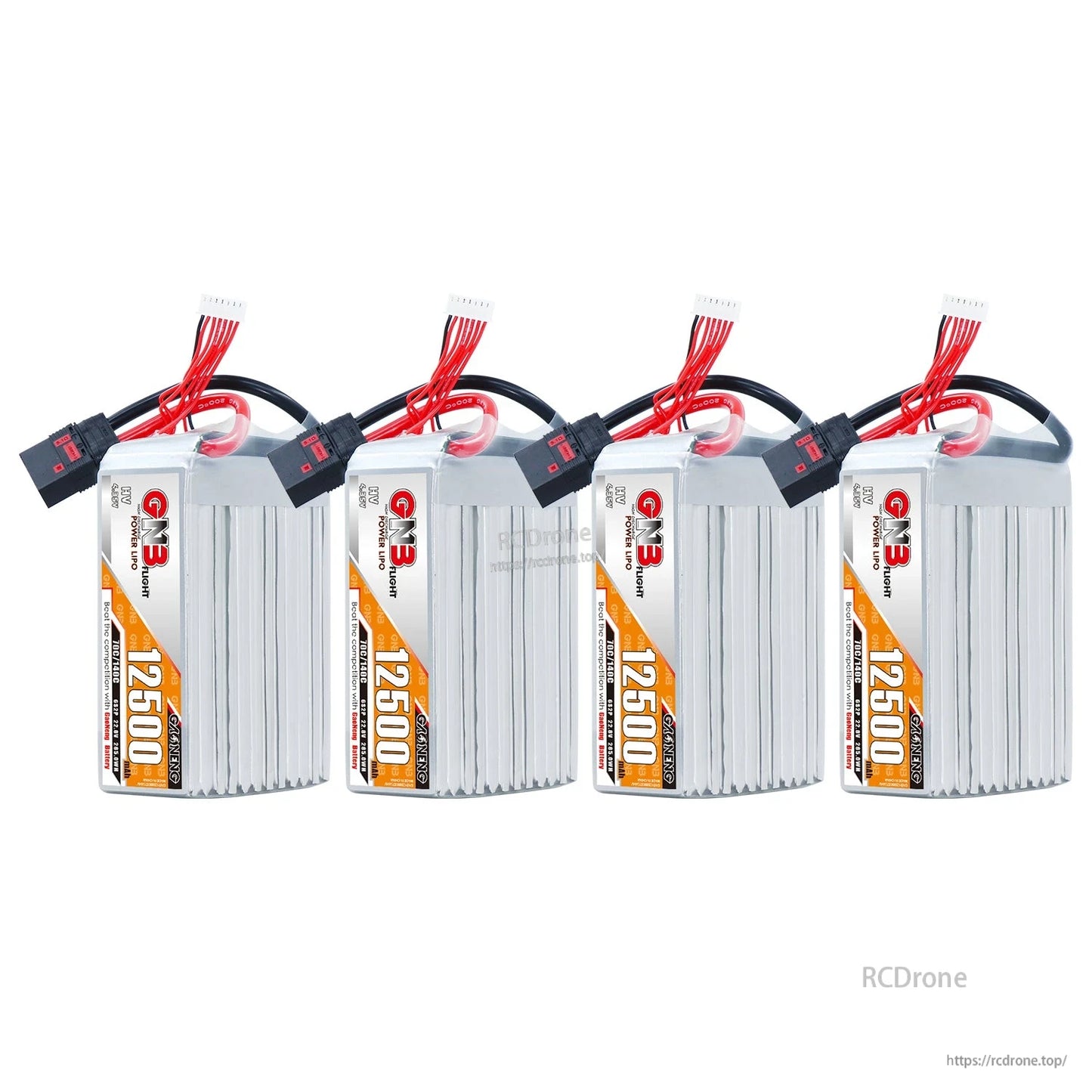 Four GNB 12500mAh HV LiPo batteries lineup with balance leads and QS8 plugs