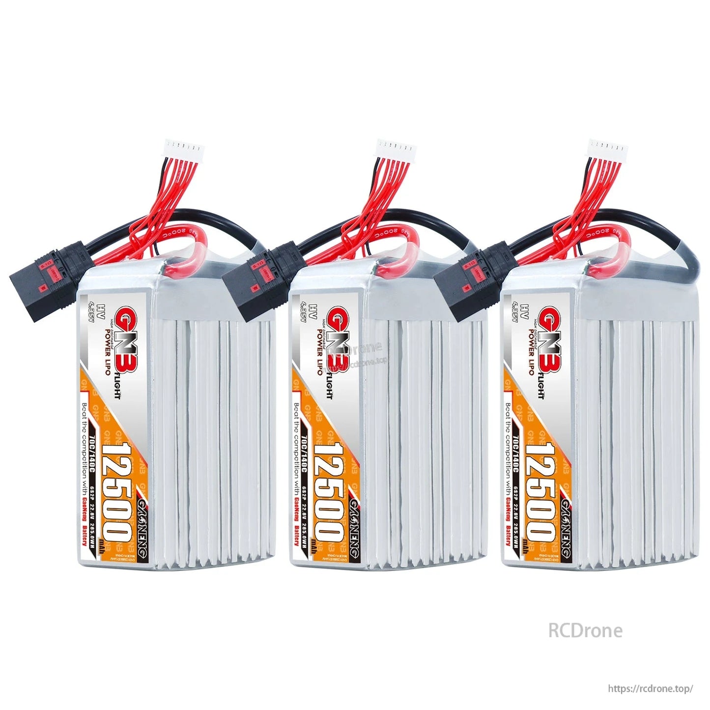Three GNB 12500mAh HV LiPo batteries shown together with QS8 connectors