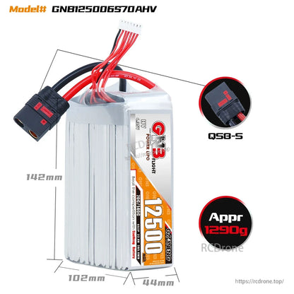 GNB125006S70AHV battery dimensions diagram with QS8-S plug detail (142×102×44 mm)