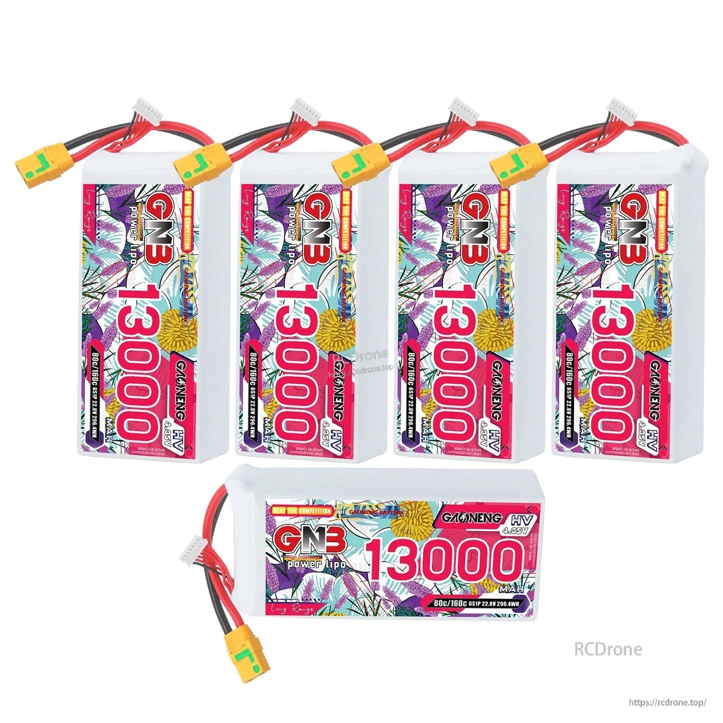 Bundle layout showing four upright GNB 13000 packs plus one horizontal pack with XT90S connector