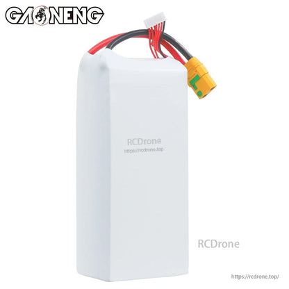 Rear plain white case view of the battery pack showing XT90S discharge lead and balance plug