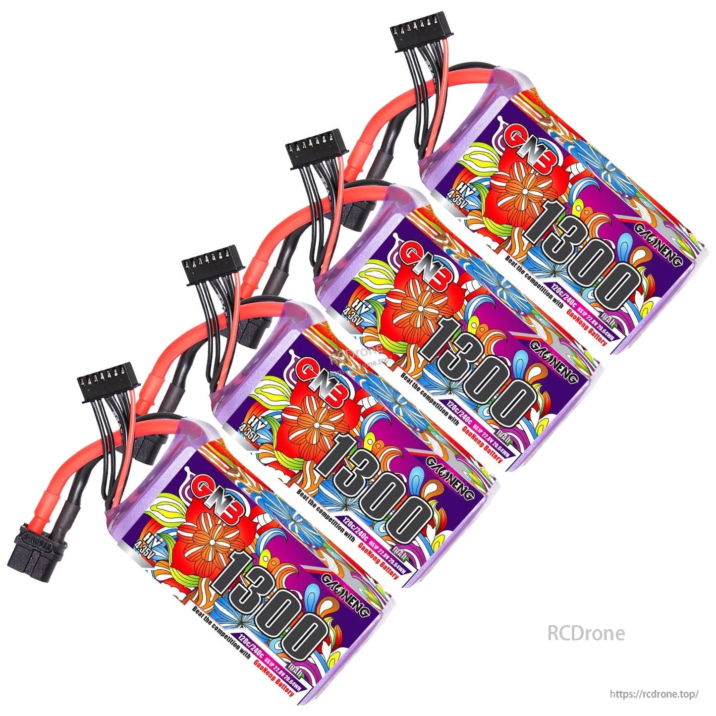 Four GNB 1300mAh LiHV LiPo batteries arranged diagonally, showing labels and balance leads