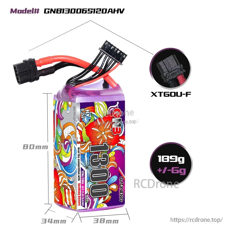 GNB13006S120AHV battery size and weight chart showing dimensions and XT60U-F connector detail