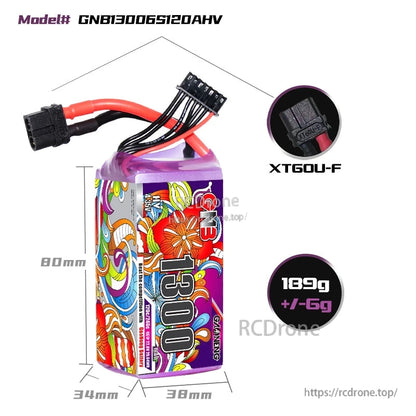 GNB13006S120AHV battery size and weight chart showing dimensions and XT60U-F connector detail