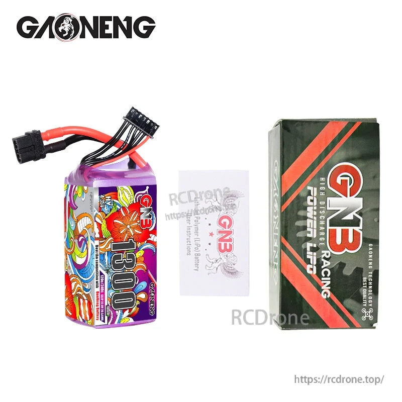 Package contents: GAONENG 1300mAh battery, GNB box packaging, and included card insert