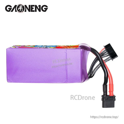 Purple shrink-wrapped side of the LiPo battery showing wire exit and XT60 power lead