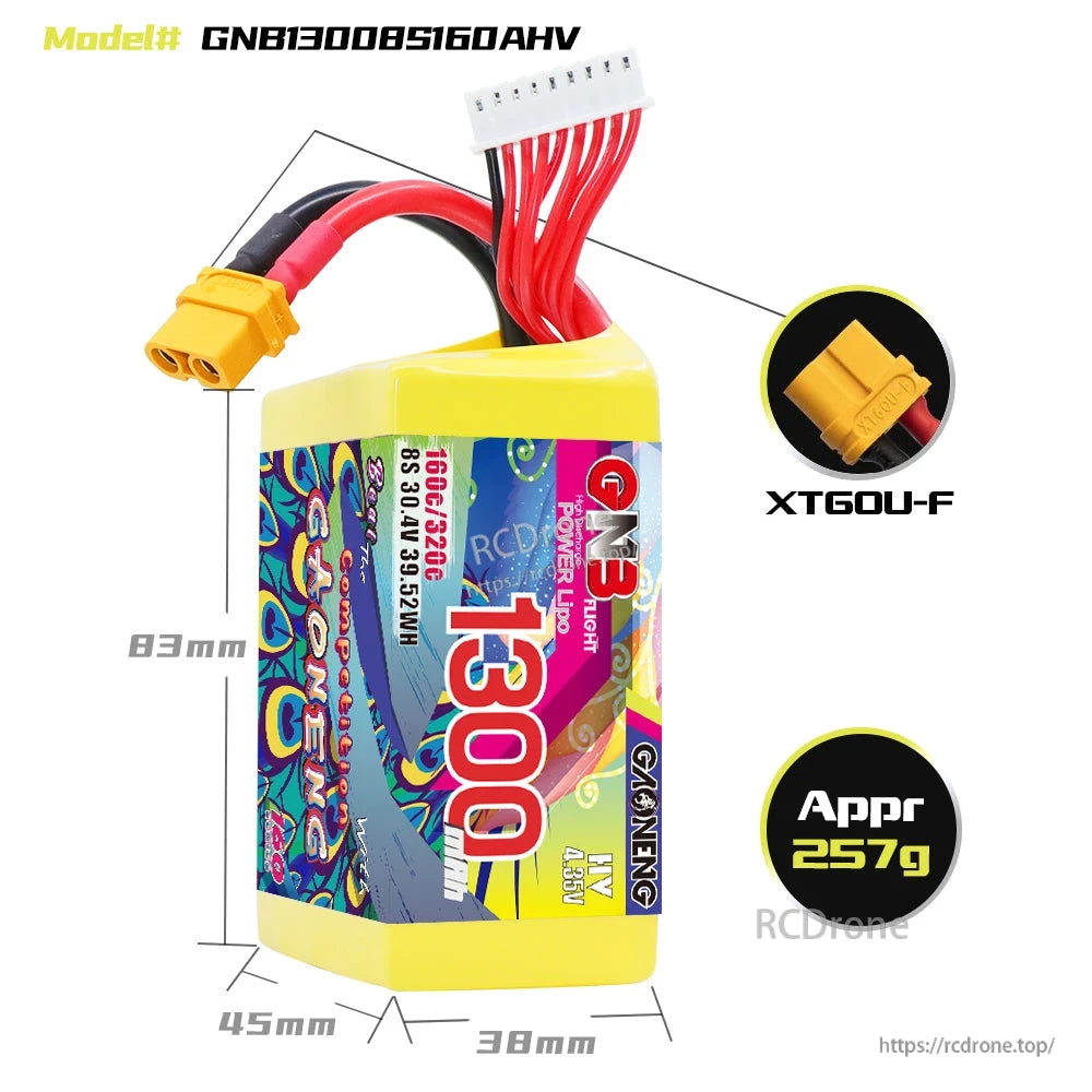 Battery dimensions diagram with XT60U-F connector close-up and approx weight 257g callout