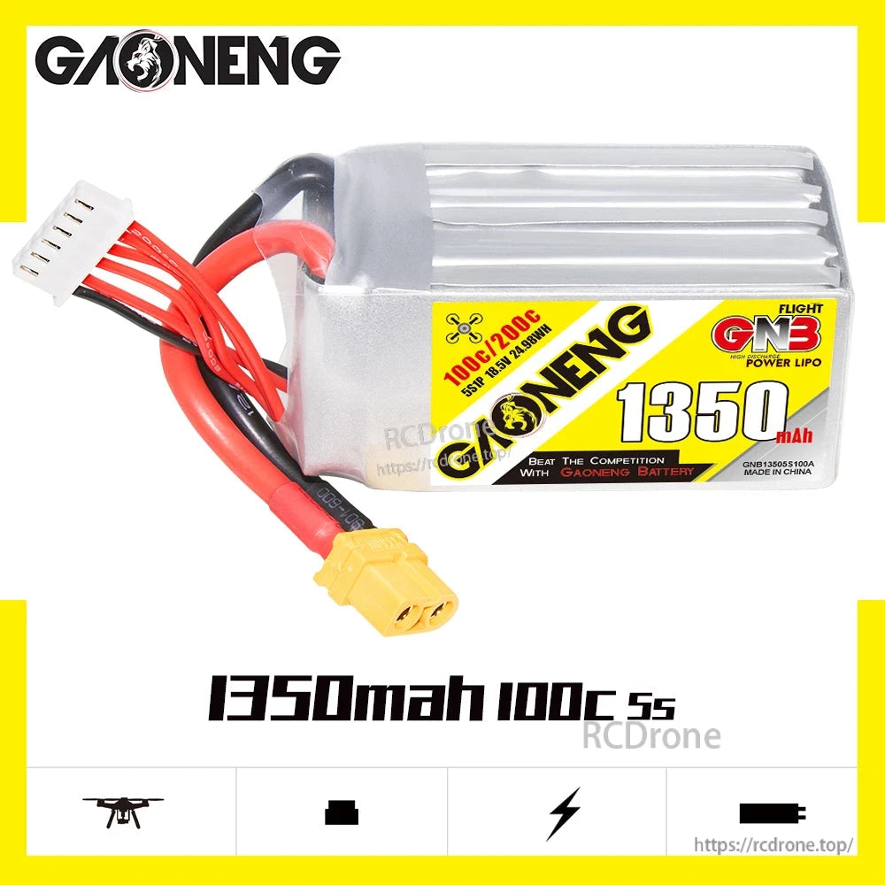 Side profile of 1350mAh 5S 100C GNB battery with XT60 connector and top cell stack visible