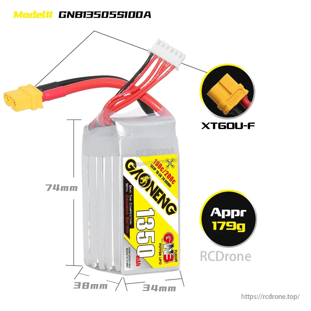 GNB13505S100A battery dimensions graphic showing 74 x 38 x 34 mm and approximate 179 g weight