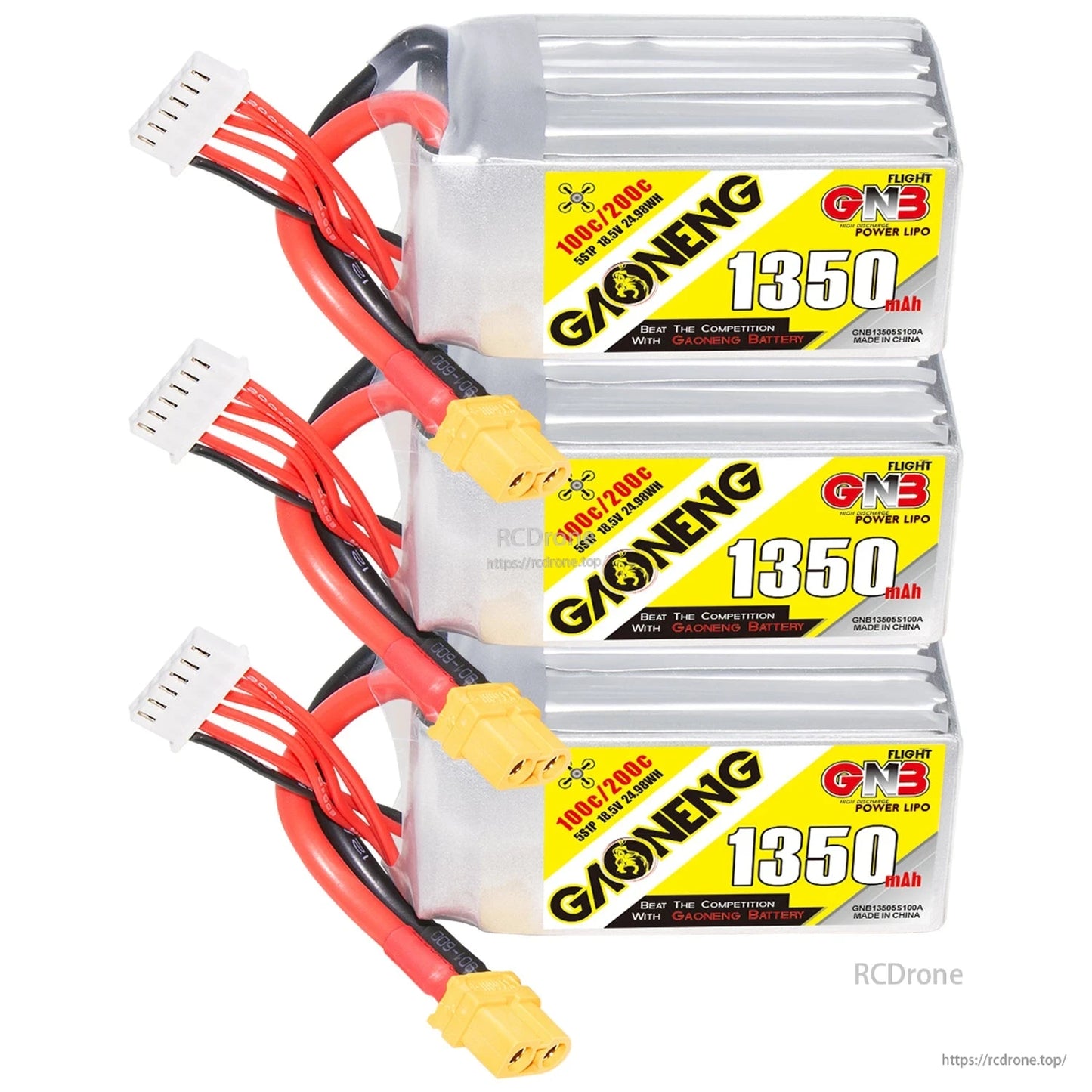 Three GAONENG 1350mAh 5S 100C LiPo batteries stacked in side view with XT60 connectors