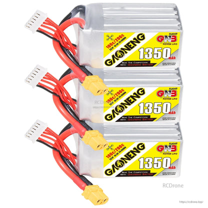 Three GAONENG 1350mAh 5S 100C LiPo batteries stacked in side view with XT60 connectors