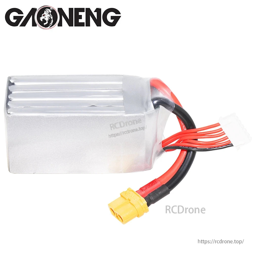 Rear view of 5S 1350mAh LiPo battery showing plain silver wrap, XT60 plug, and balance lead
