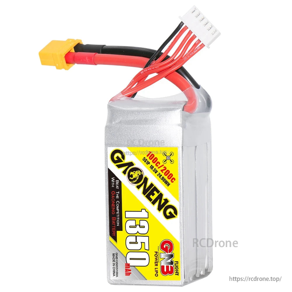 Front standing view of GNB 1350mAh 5S LiPo battery with label, XT60 lead, and balance connector