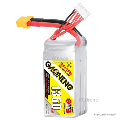 Front standing view of GNB 1350mAh 5S LiPo battery with label, XT60 lead, and balance connector
