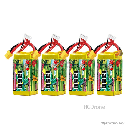 Four GAONENG GNB 1350 LiPo batteries displayed in a row with XT60 connectors