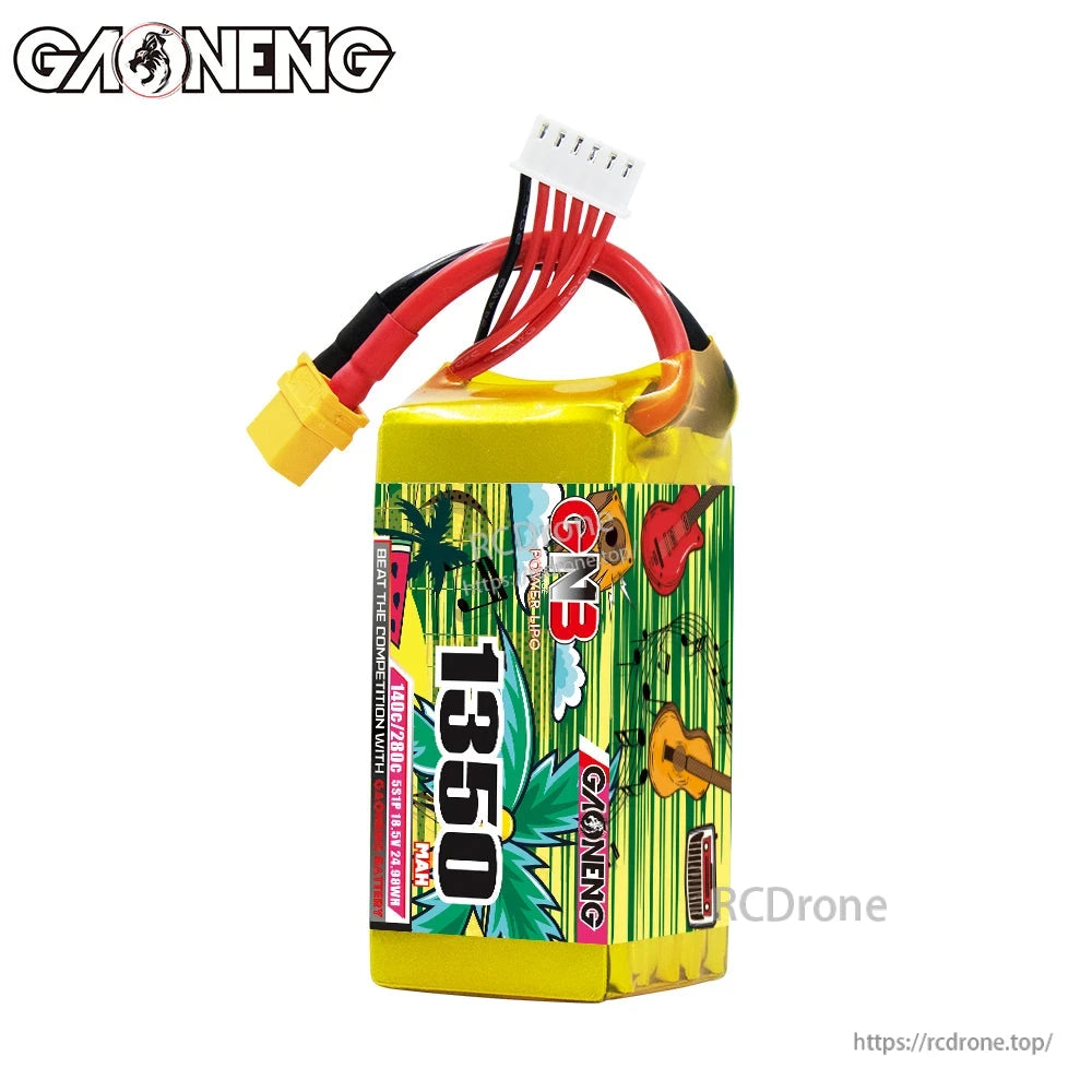 Front label view of GAONENG GNB 1350 LiPo pack with XT60 power lead and white balance connector