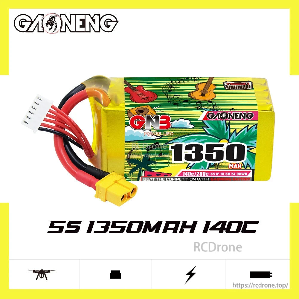 GAONENG GNB 5S 1350mAh 140C LiPo battery promo graphic with connector leads shown