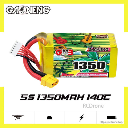 GAONENG GNB 5S 1350mAh 140C LiPo battery promo graphic with connector leads shown