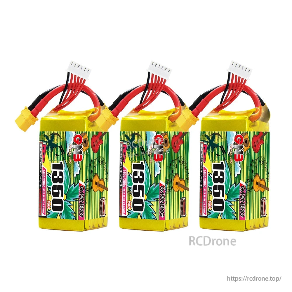 Three GAONENG GNB 1350 LiPo batteries shown together with XT60 plugs and balance leads