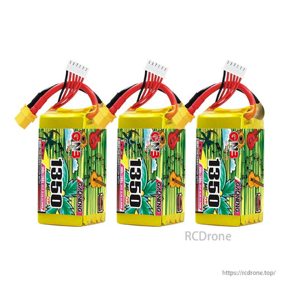 Three GAONENG GNB 1350 LiPo batteries shown together with XT60 plugs and balance leads