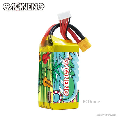 Side label view of GAONENG GNB LiPo battery showing branding and attached XT60 and balance leads