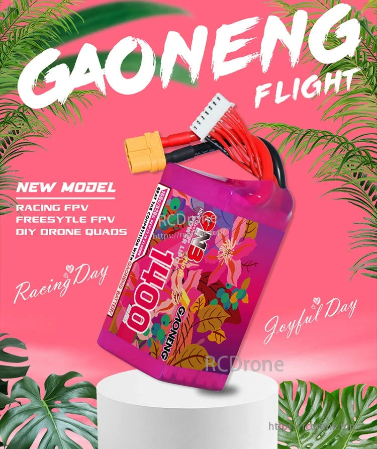 GAONENG FLIGHT promotional background with purple 1400 battery pack on pedestal
