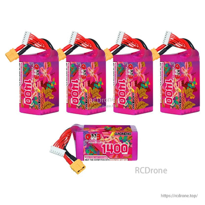 Five battery view collage: four upright GAONENG 1400 packs plus one horizontal pack