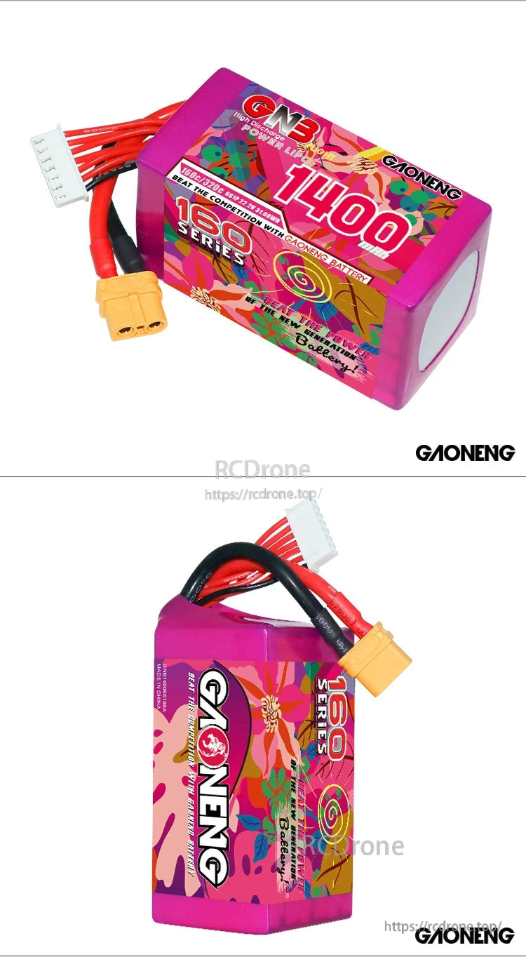 Two-angle collage showing top and side views of the GAONENG GNB 1400 battery and leads