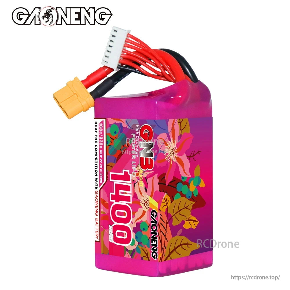 Side view of GAONENG 1400 label on purple GNB battery pack with attached wires on top