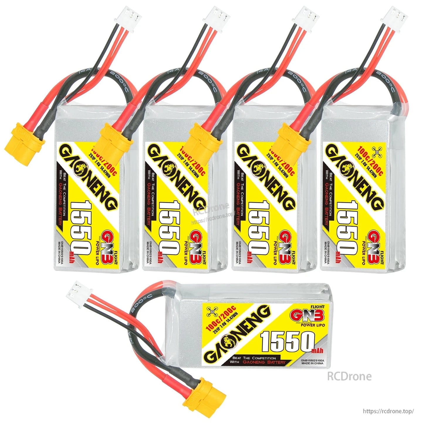 Five GAONENG 1550mAh LiPo batteries group photo, four upright plus one horizontal showing XT60 plug