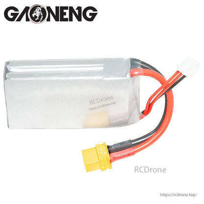 Side/back view of GAONENG LiPo battery showing silver shrink wrap and attached XT60 lead