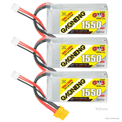 Three GAONENG 1550mAh LiPo batteries stacked, showing labels and balance leads with one XT60 plug